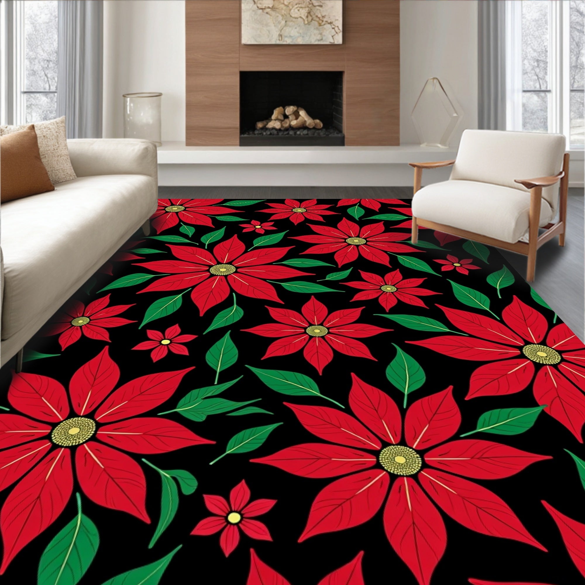 Red Floral Blooming Pattern Rug
