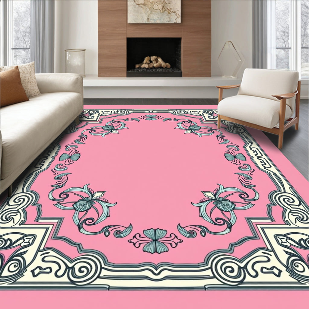 Antique Blush Floral Scrollwork Border Rug