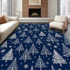 White Pine Trees Snowflakes Navy Rug
