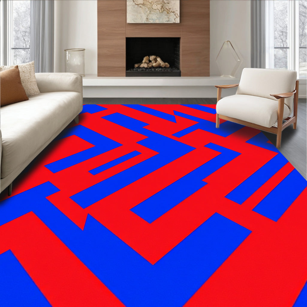 Bold Red Blue Geometric Maze Rug