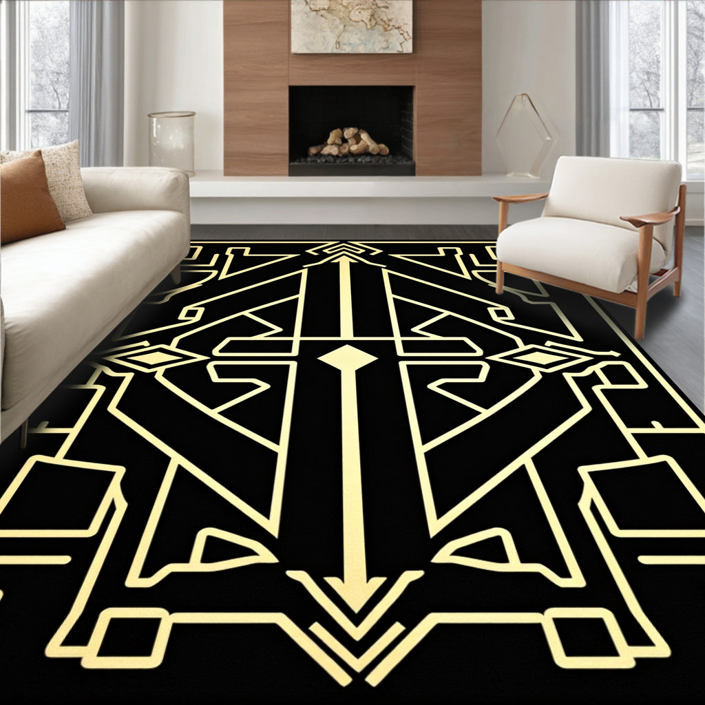 Black Gold Art Deco Symmetric Pattern Rug
