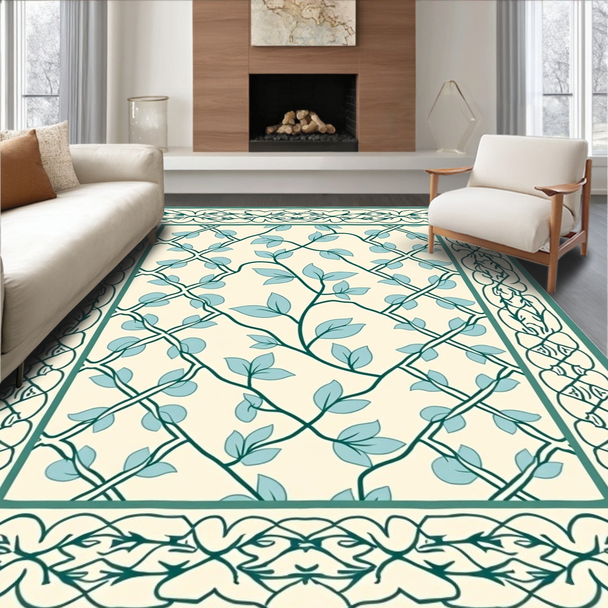 Cream Teal Vine Intertwined Lattice Rug