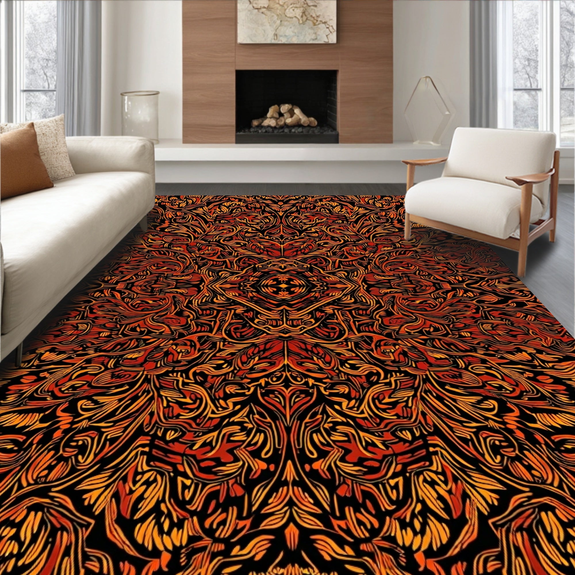 Fiery Organic Symmetrical Pattern Rug