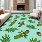Green Botanical Leaf and Seed Pattern Rug