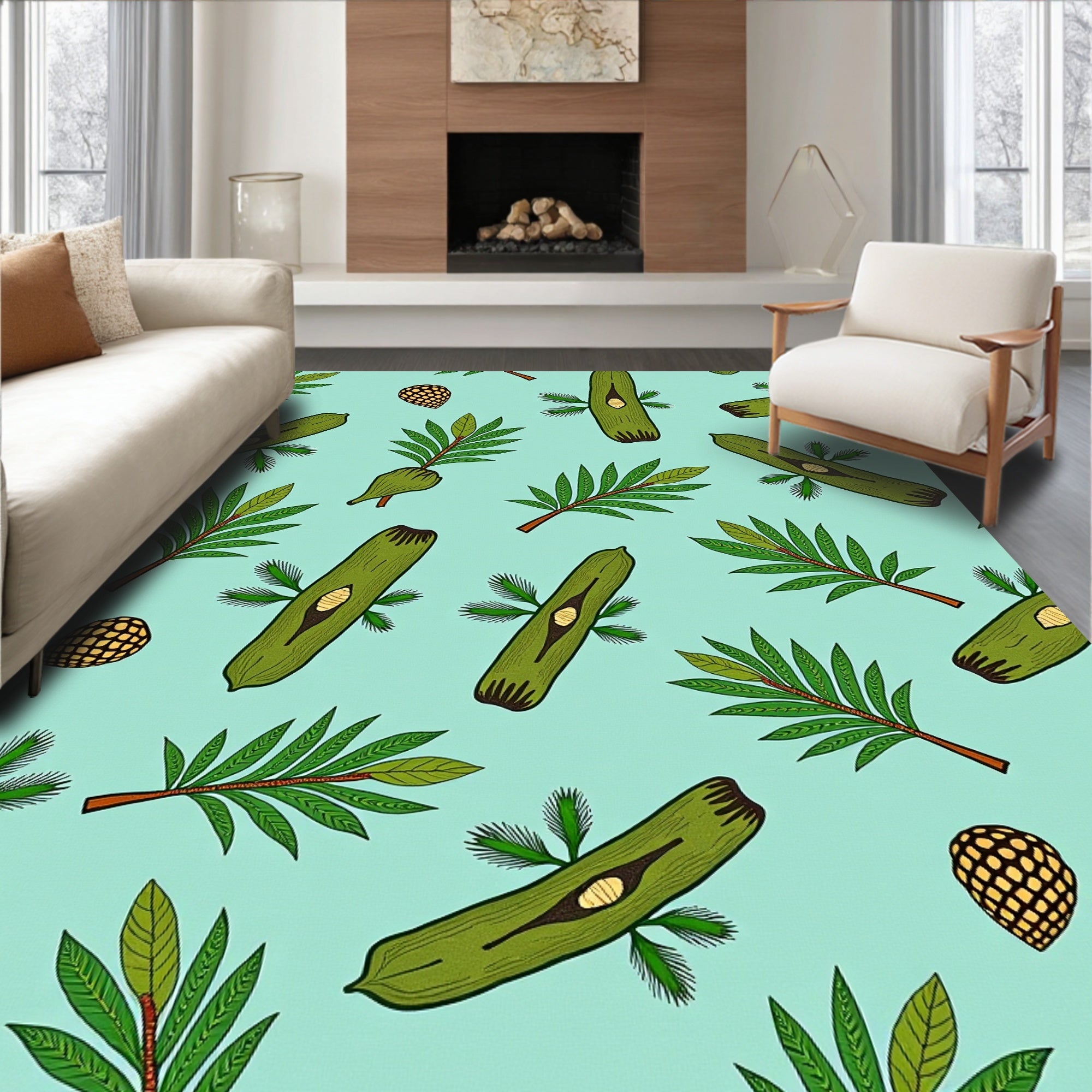 Green Botanical Leaf and Seed Pattern Rug
