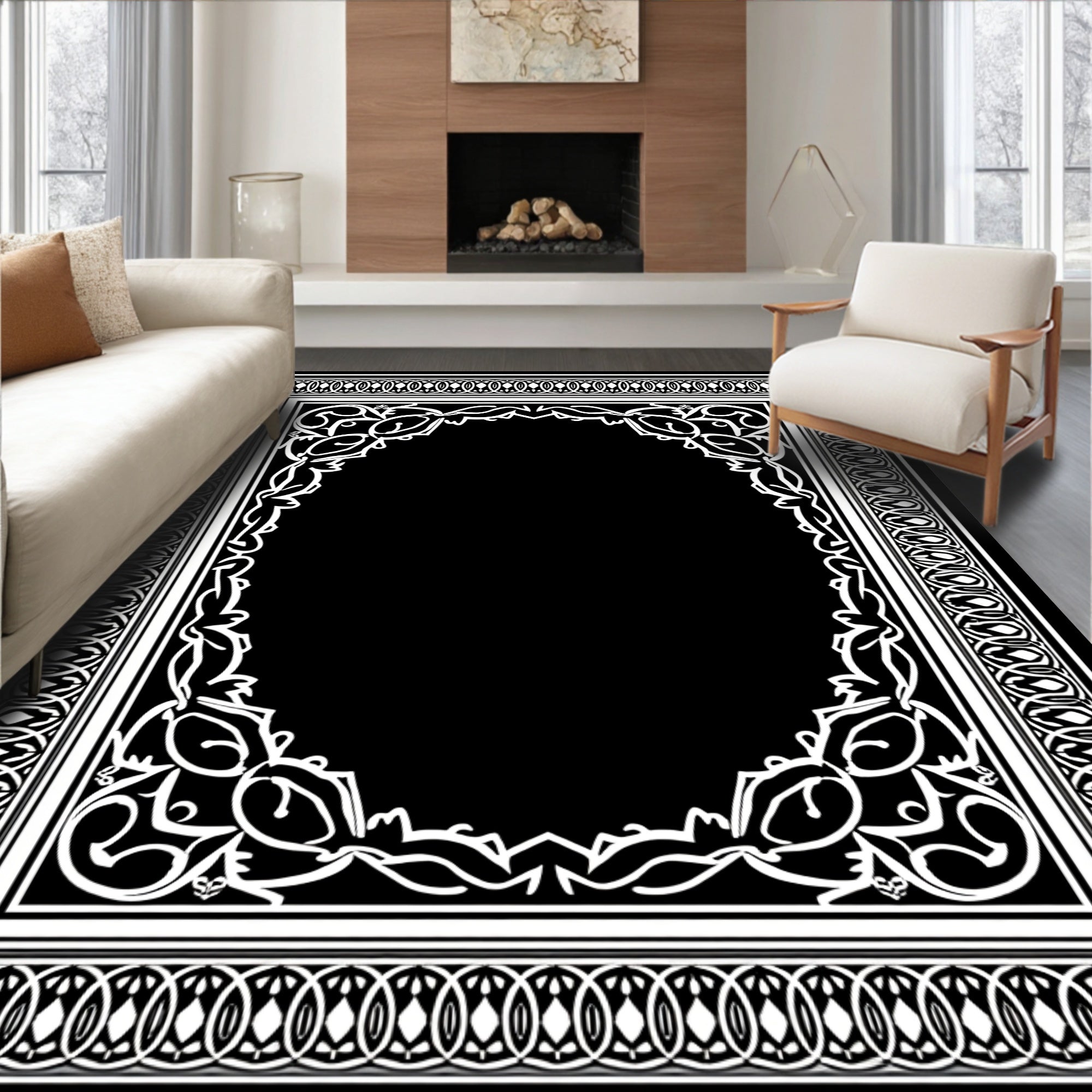 Ornate Oval Scroll Border Design Rug
