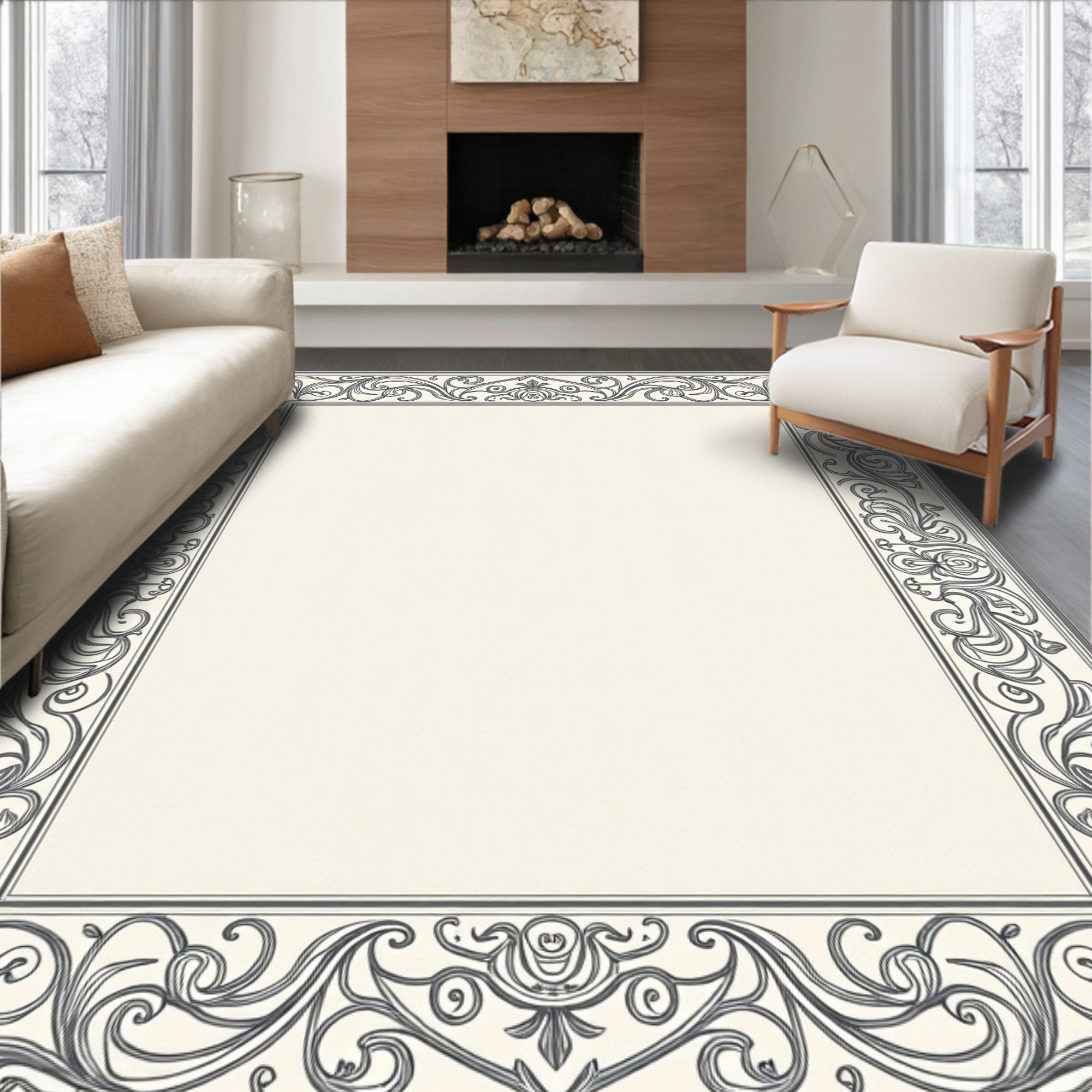 Elegant Ornate Scrollwork Frame Design Rug