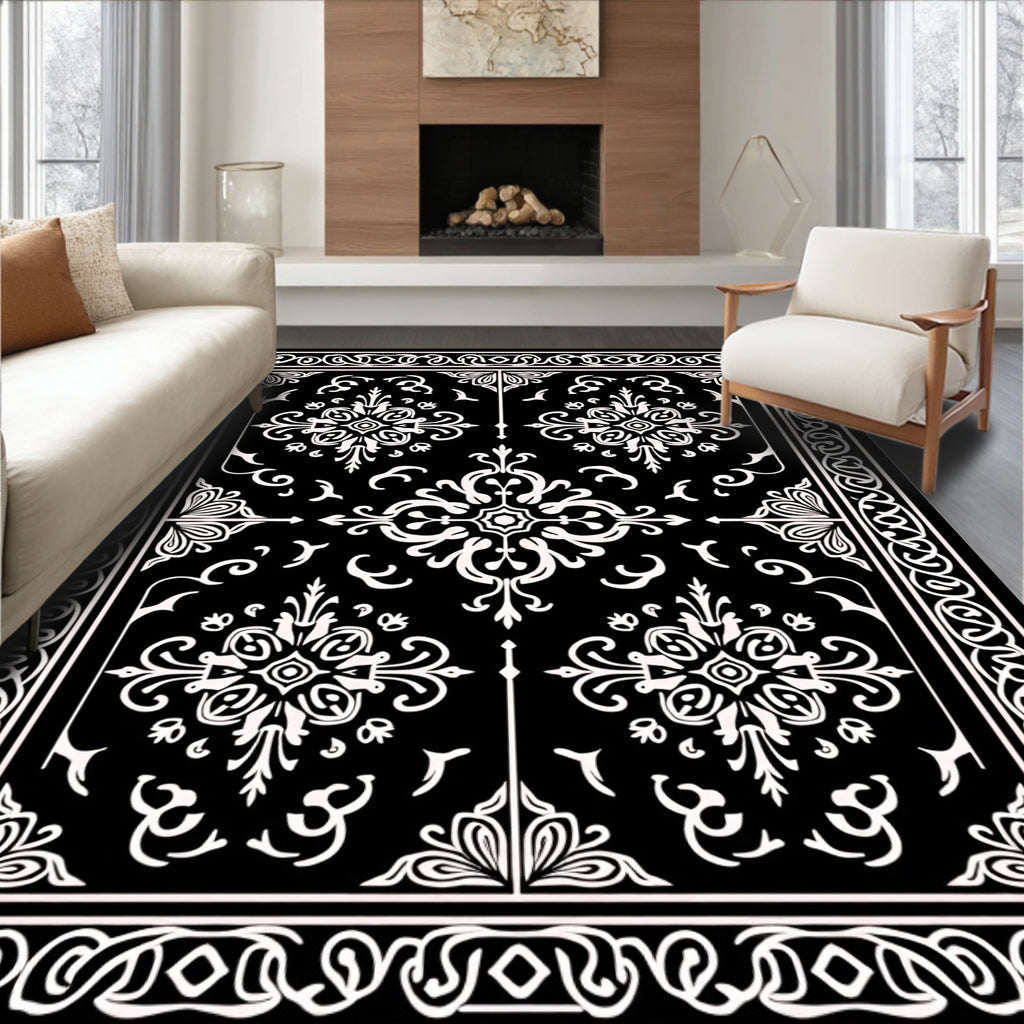 Black White Elegant Floral Pattern Rug