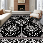 Black White Elegant Floral Pattern Rug