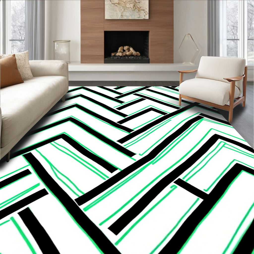 Bold Black Green Geometric Angles Rug