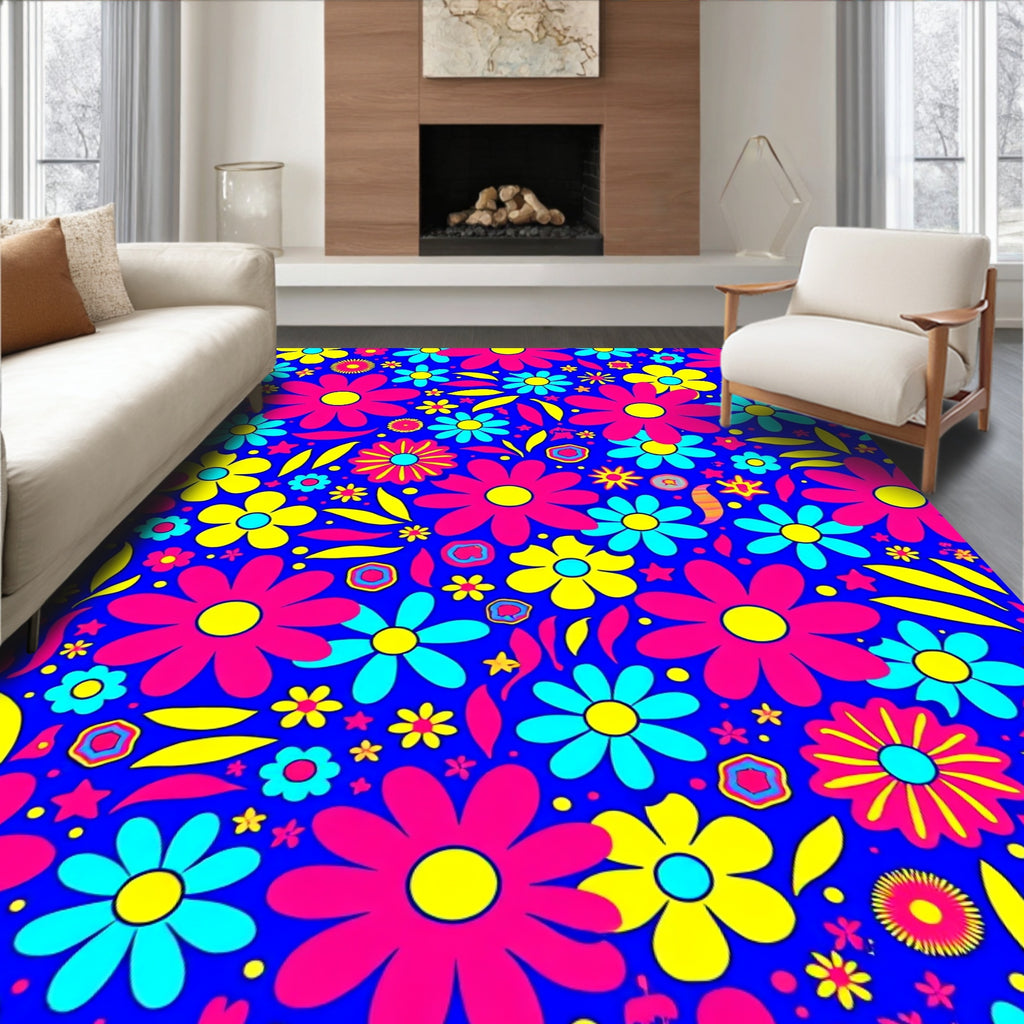 Groovy Retro Floral Pattern with Stars Rug