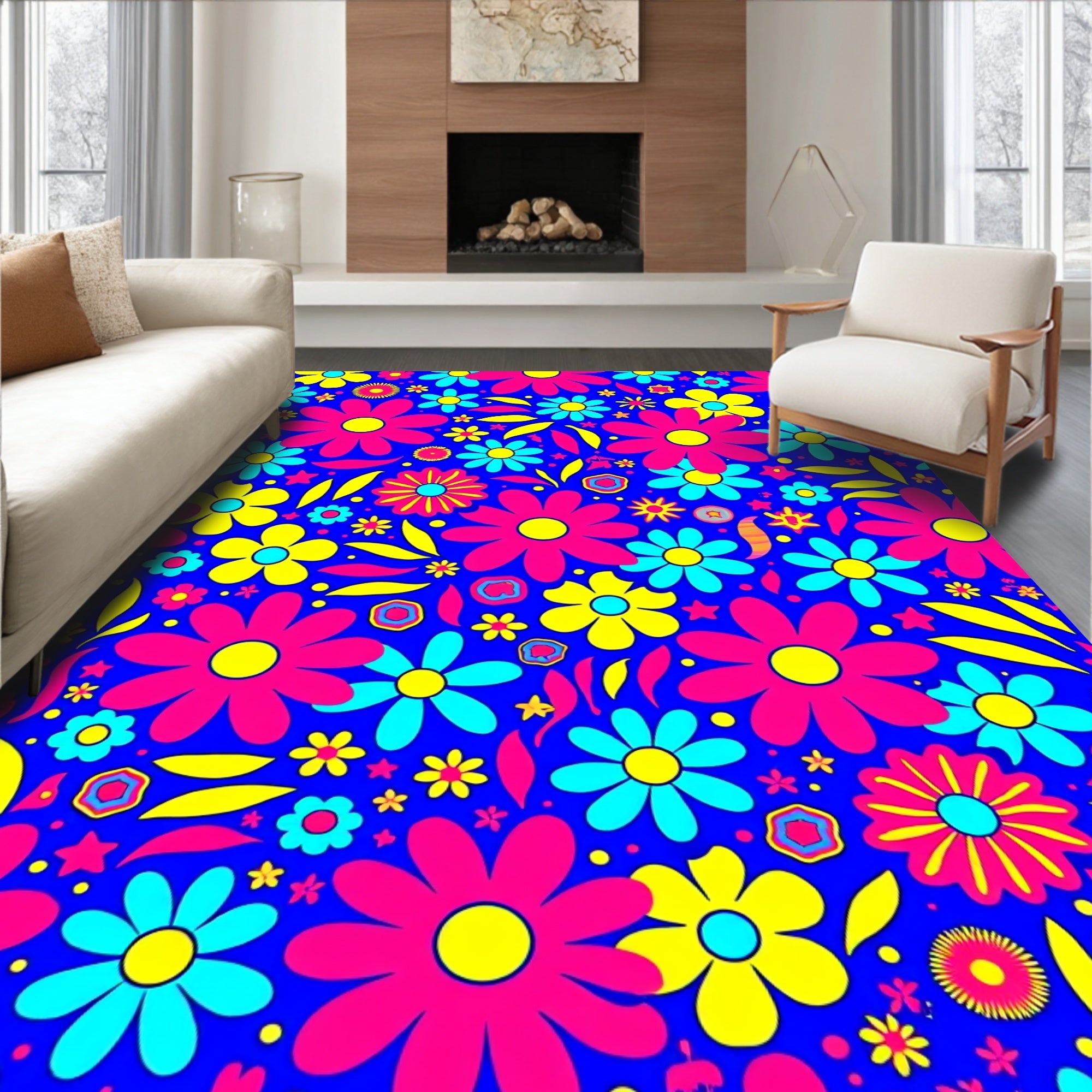 Groovy Retro Floral Pattern with Stars Rug