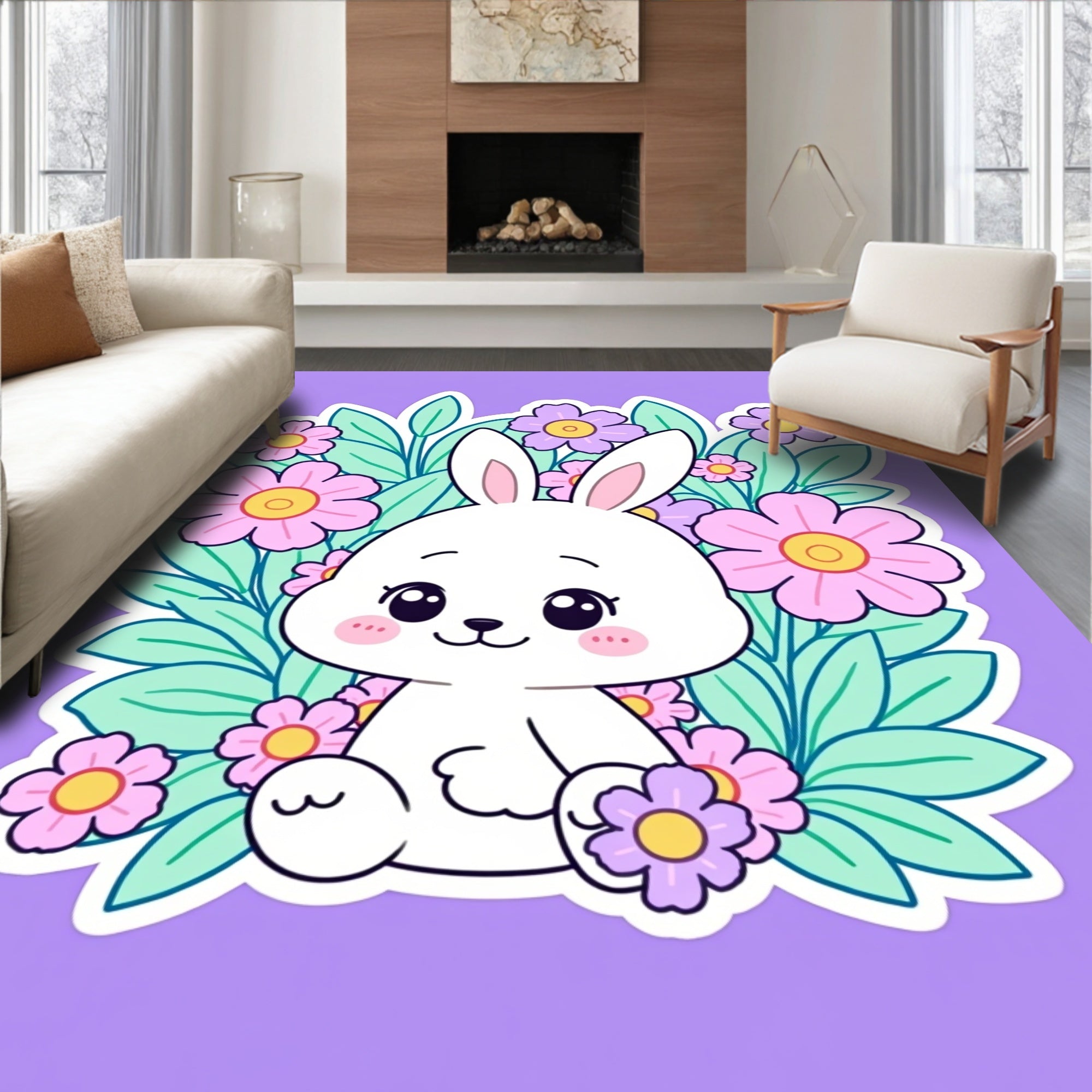 Cute Bunny Among Flowers Rug