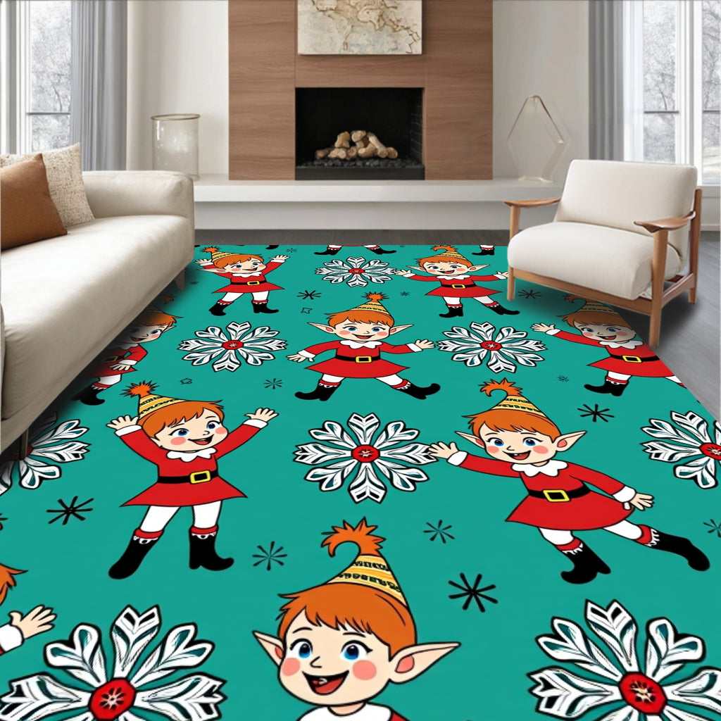 Holiday Elves And Snowflakes Teal And Red Rug