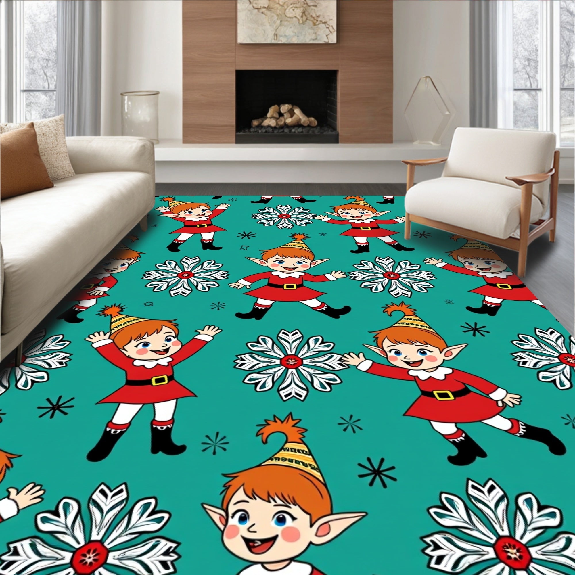 Holiday Elves And Snowflakes Teal And Red Rug