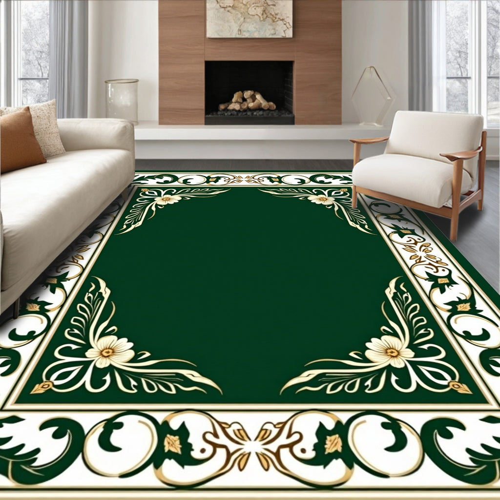 Green Floral Bordered Square Design Rug
