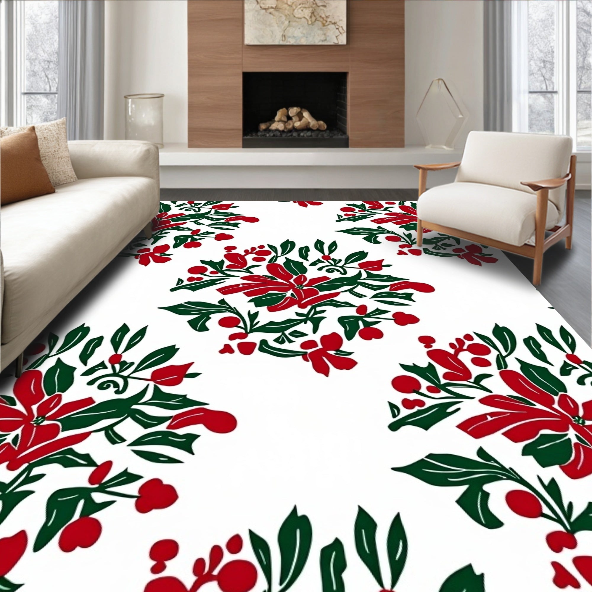 Red Green Floral Berry Pattern Rug