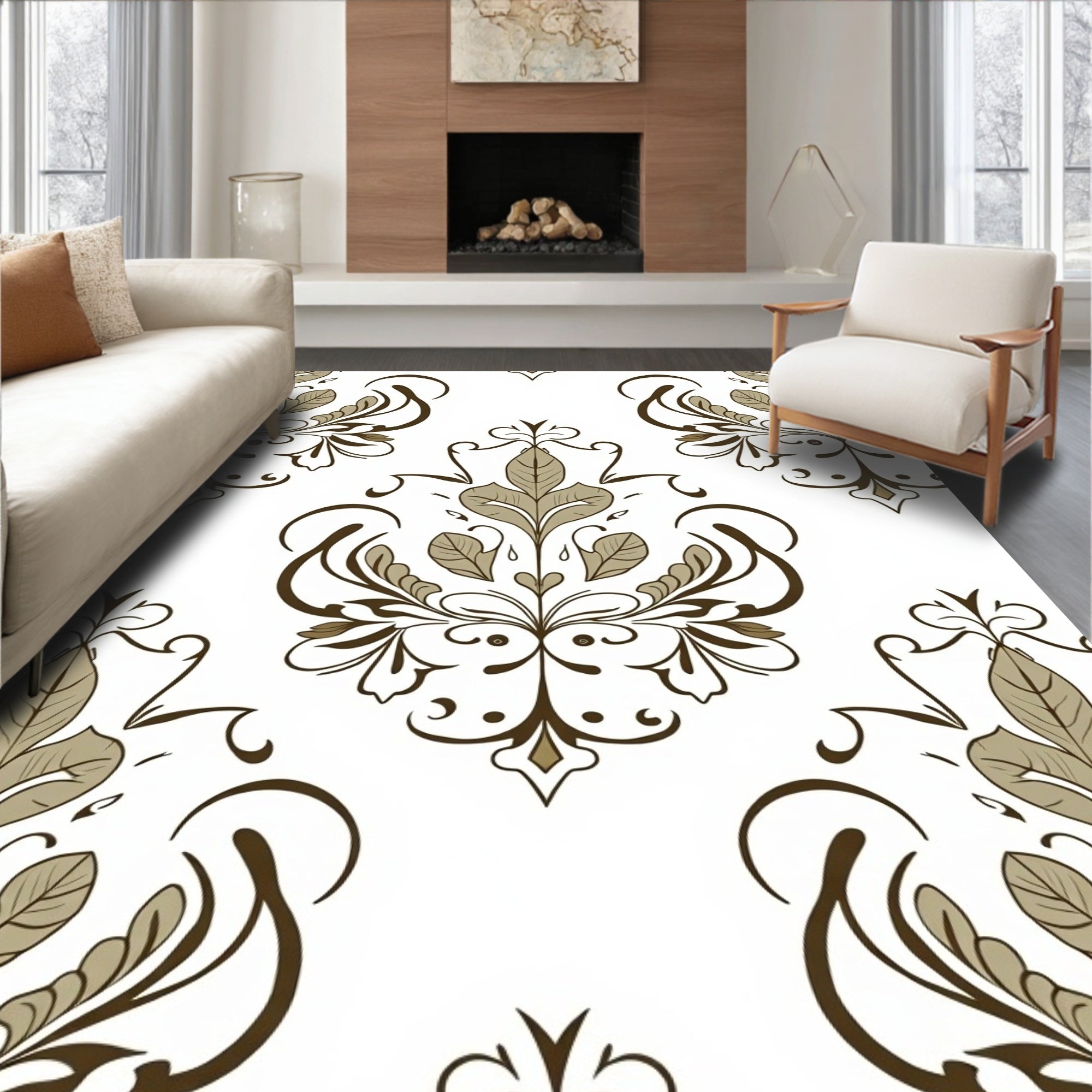 Ornate Floral Scroll Work Pattern Rug
