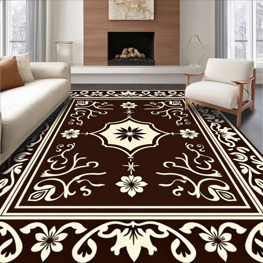 Ornate Floral Cream Brown Rug