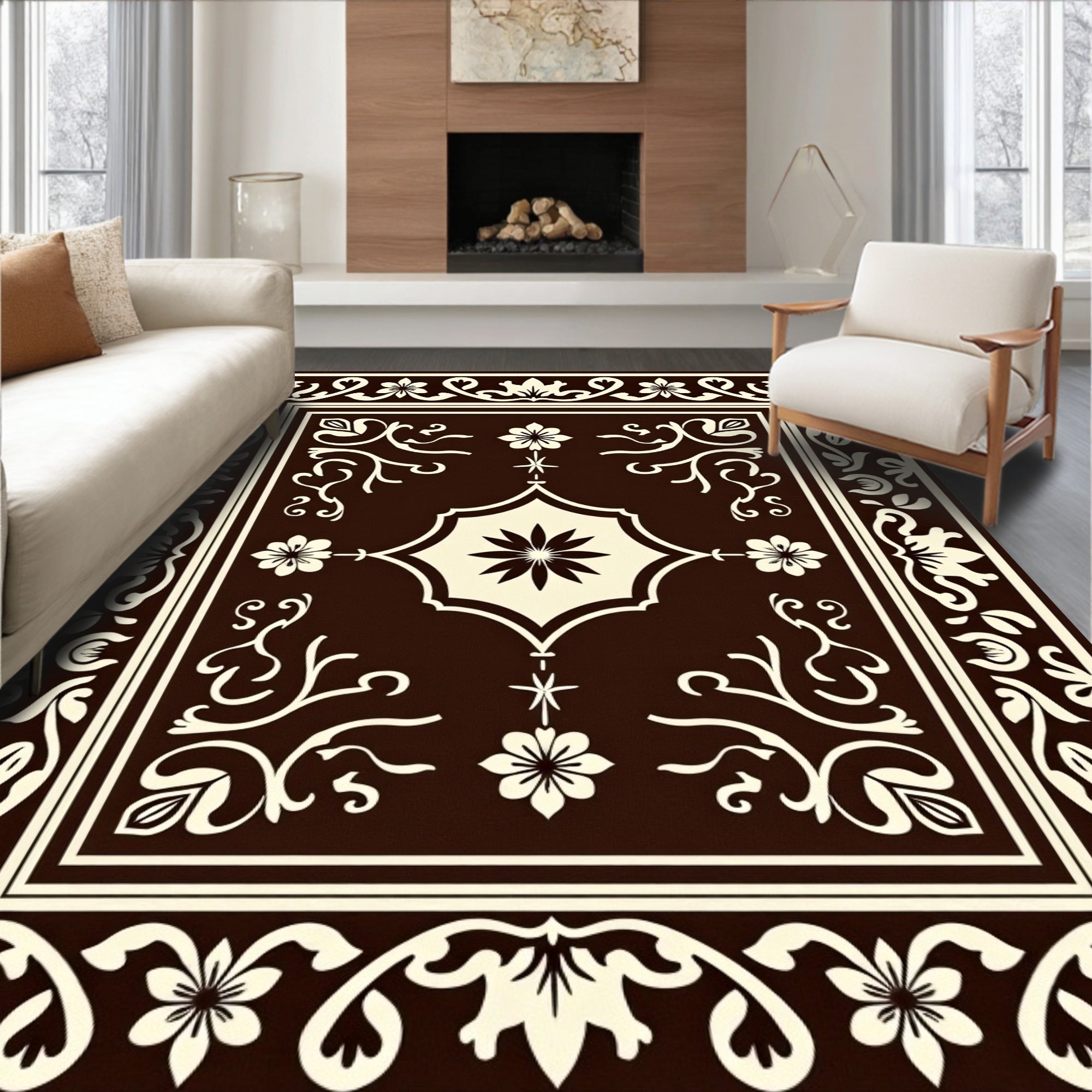 Ornate Floral Cream Brown Rug