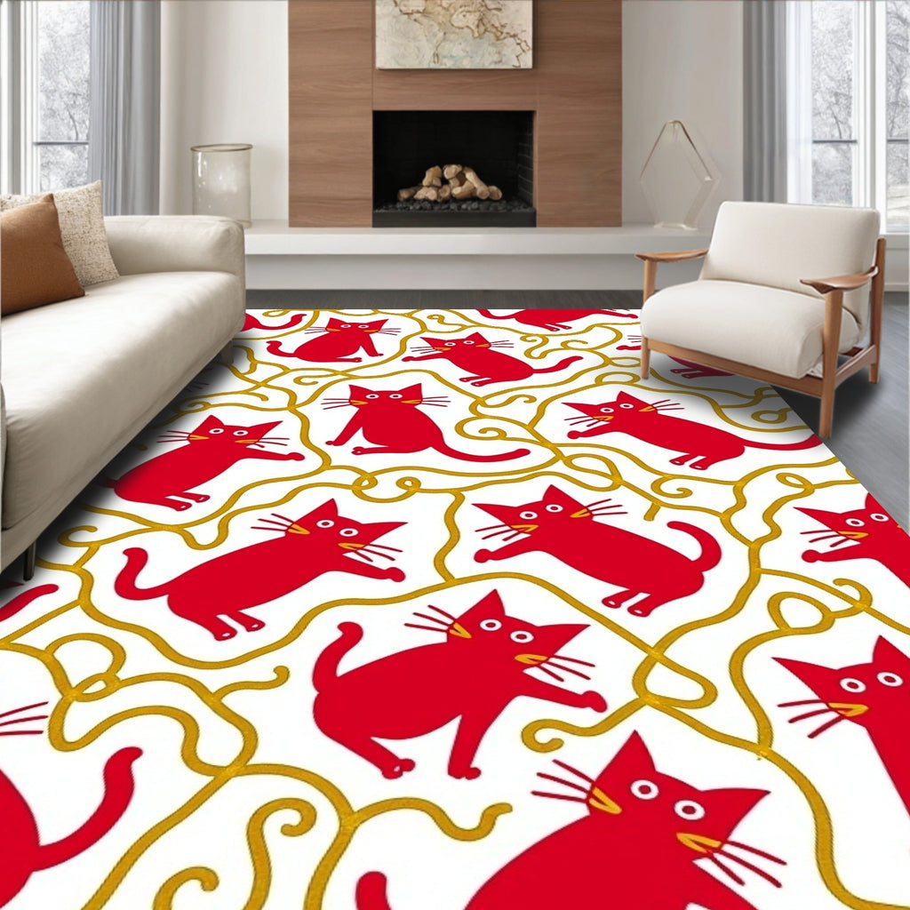 Playful Red Cats Gold Swirl Pattern Rug