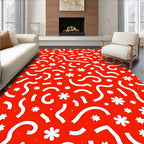 Bright Red White Playful Floral Swirl Rug