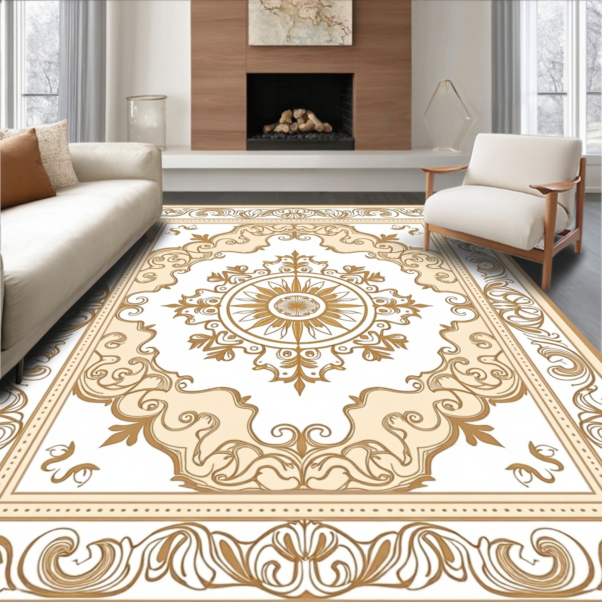 Ornate Golden Sun Floral Medallion Rug
