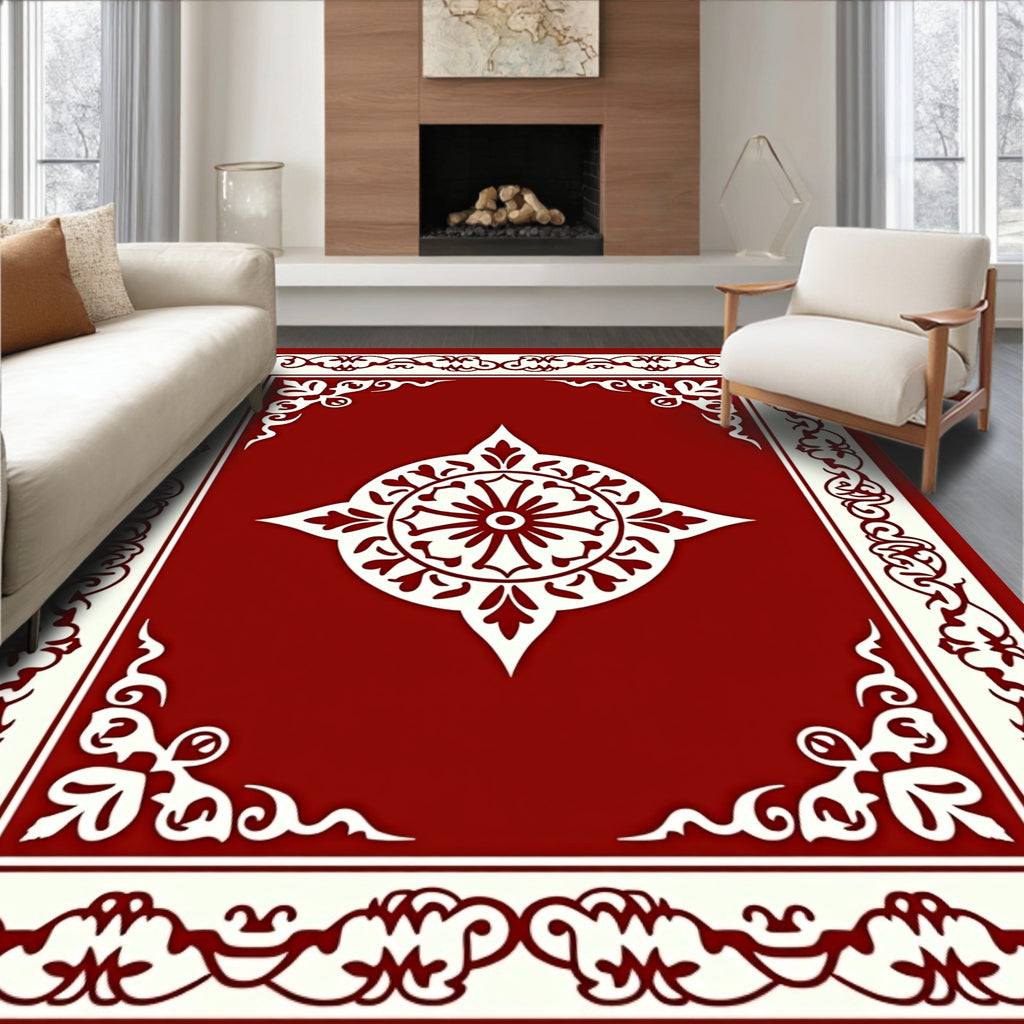 Red Cream Ornate Mandala Pattern Design Rug