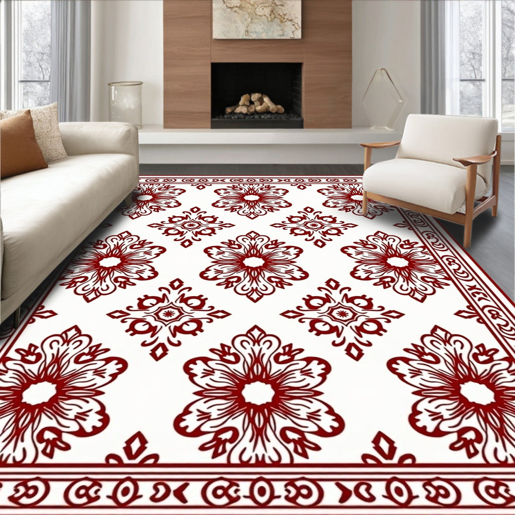 Rich Red Floral Medallion Pattern Art Rug