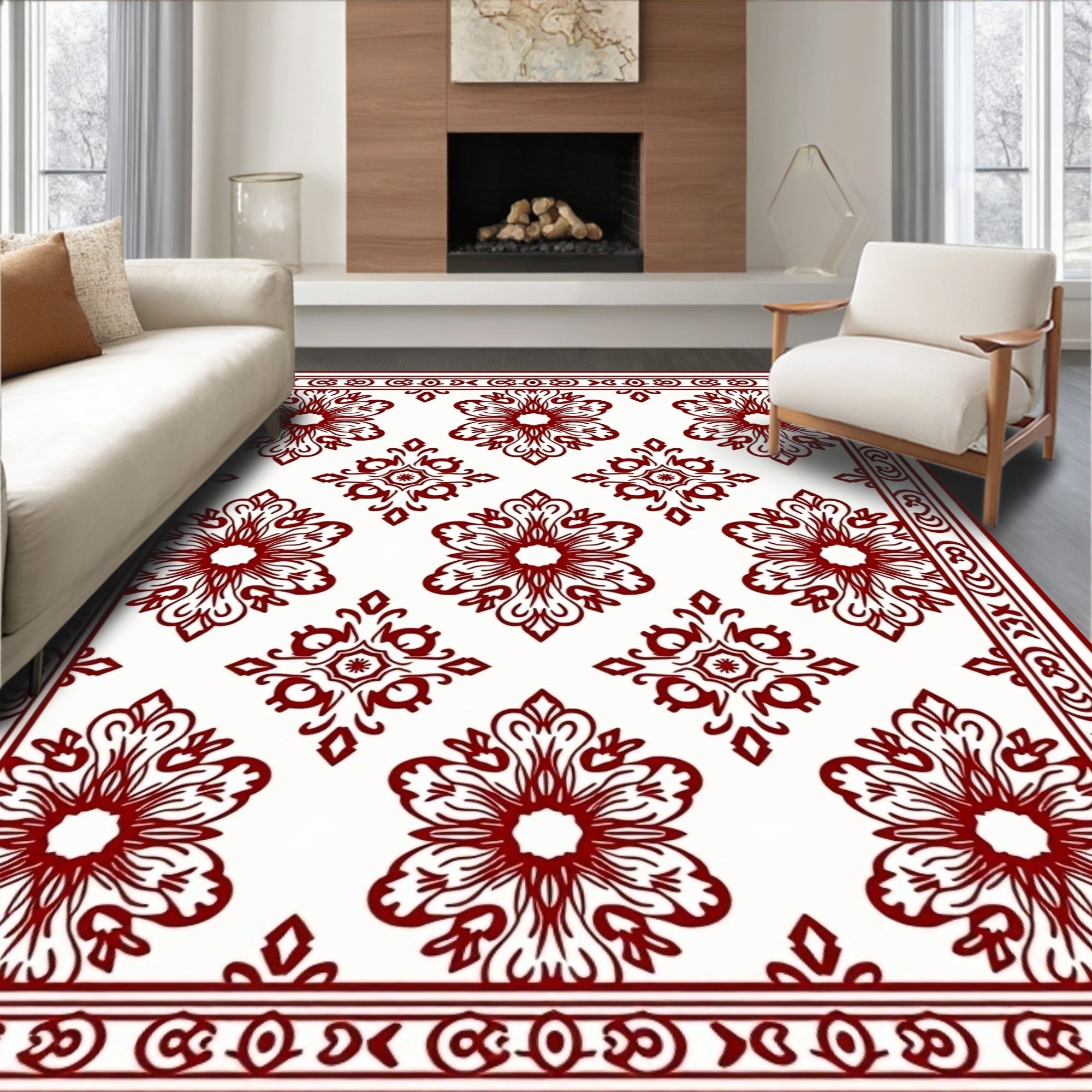 Rich Red Floral Medallion Pattern Art Rug