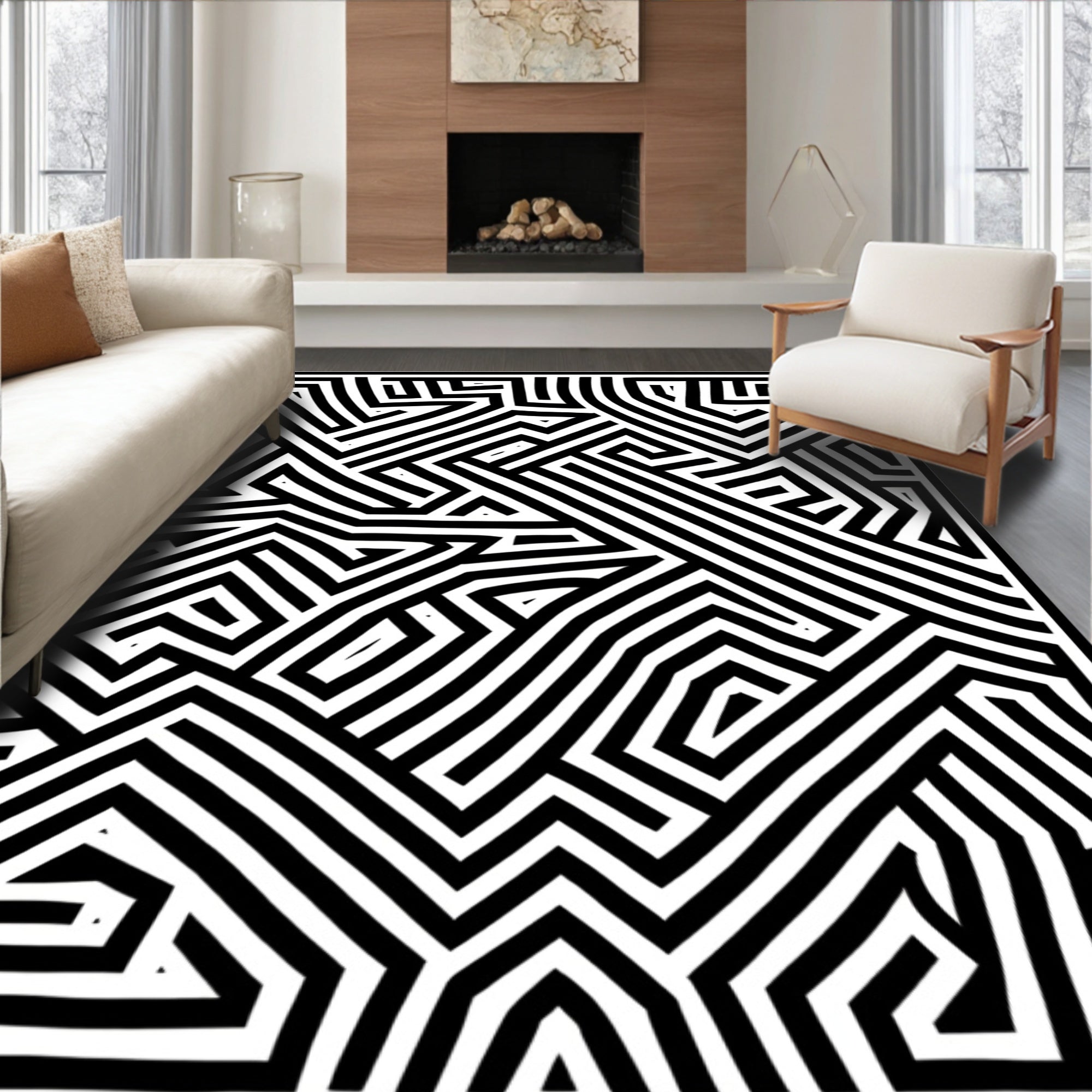 Abstract Black White Geometric Maze Rug