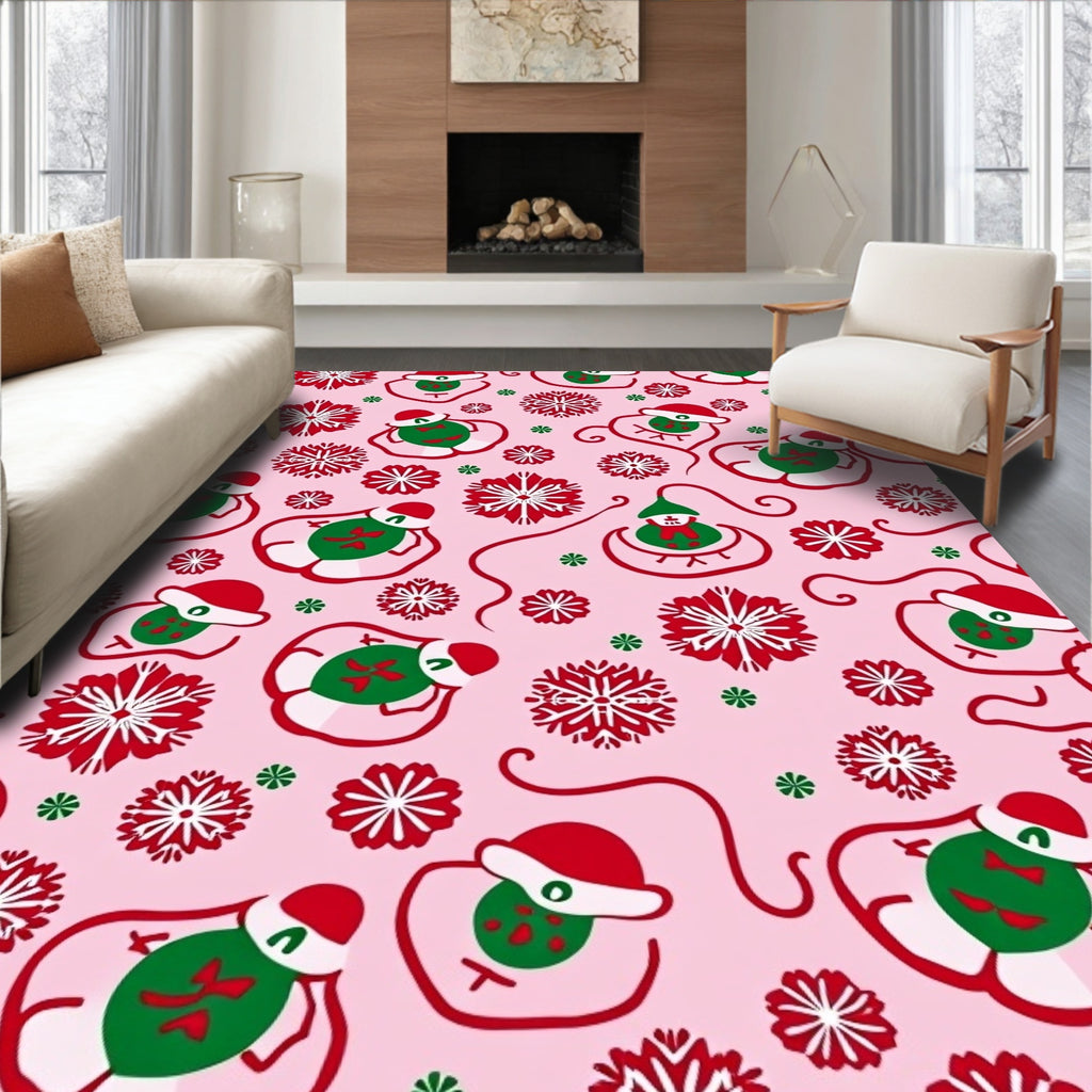 Festive Pink Snowflakes and Gnomes Rug