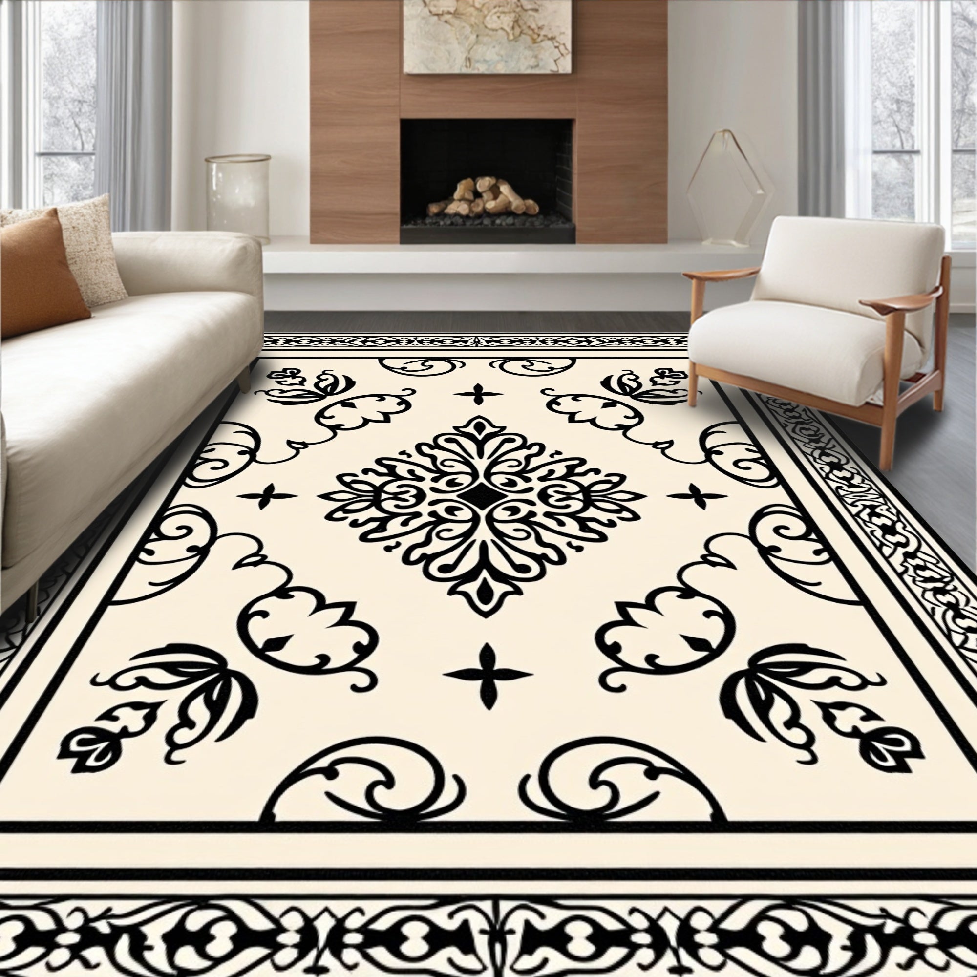 Black Cream Ornate Floral Rug
