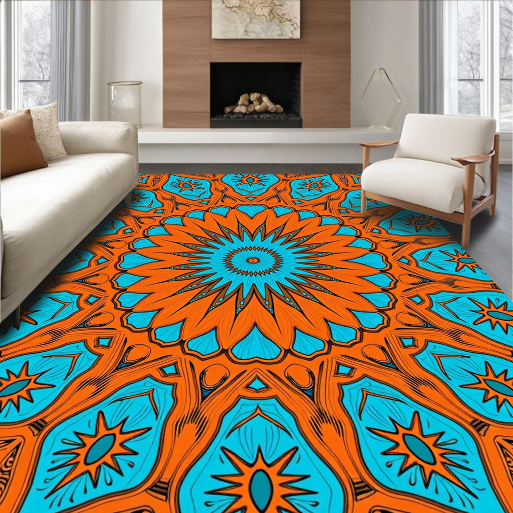Bold Orange Blue Mandala Pattern Rug