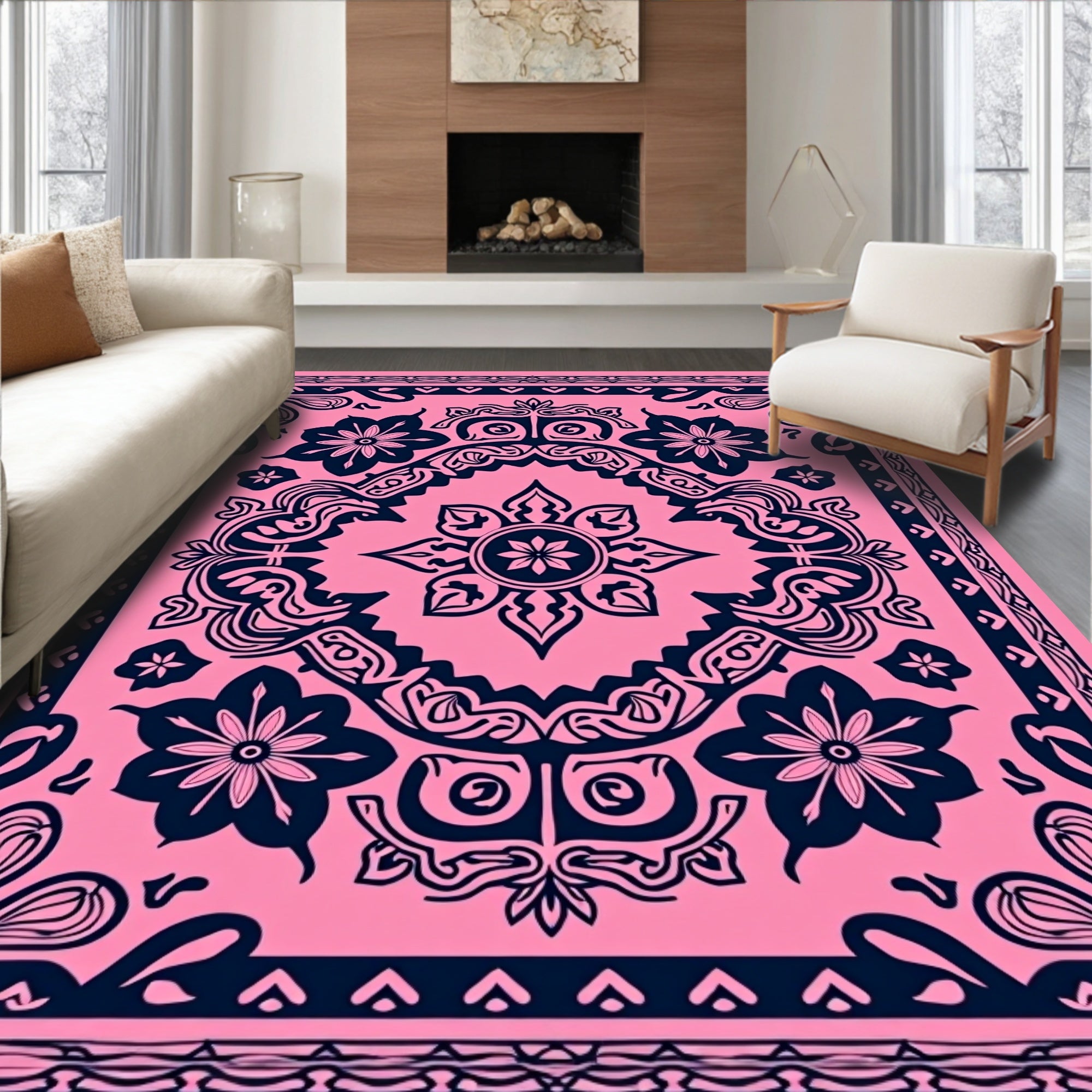 Pink Navy Floral Mandala Pattern Rug