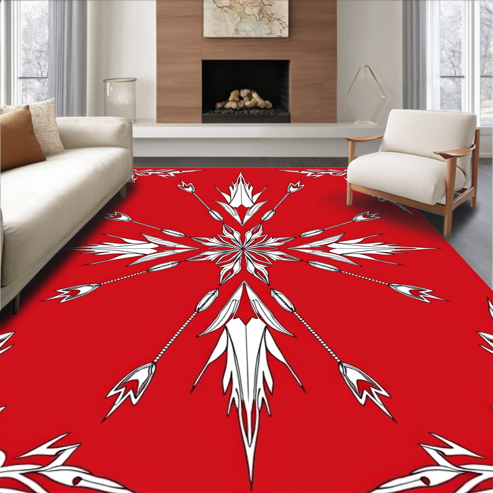 Bold Red White Arrow Symmetry Pattern Rug
