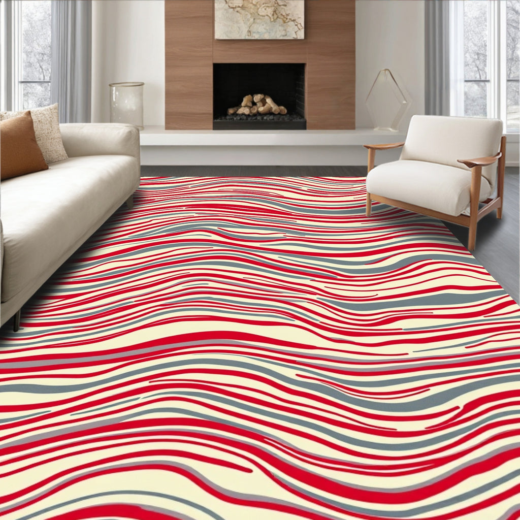 Red Gray Abstract Wave Pattern Rug