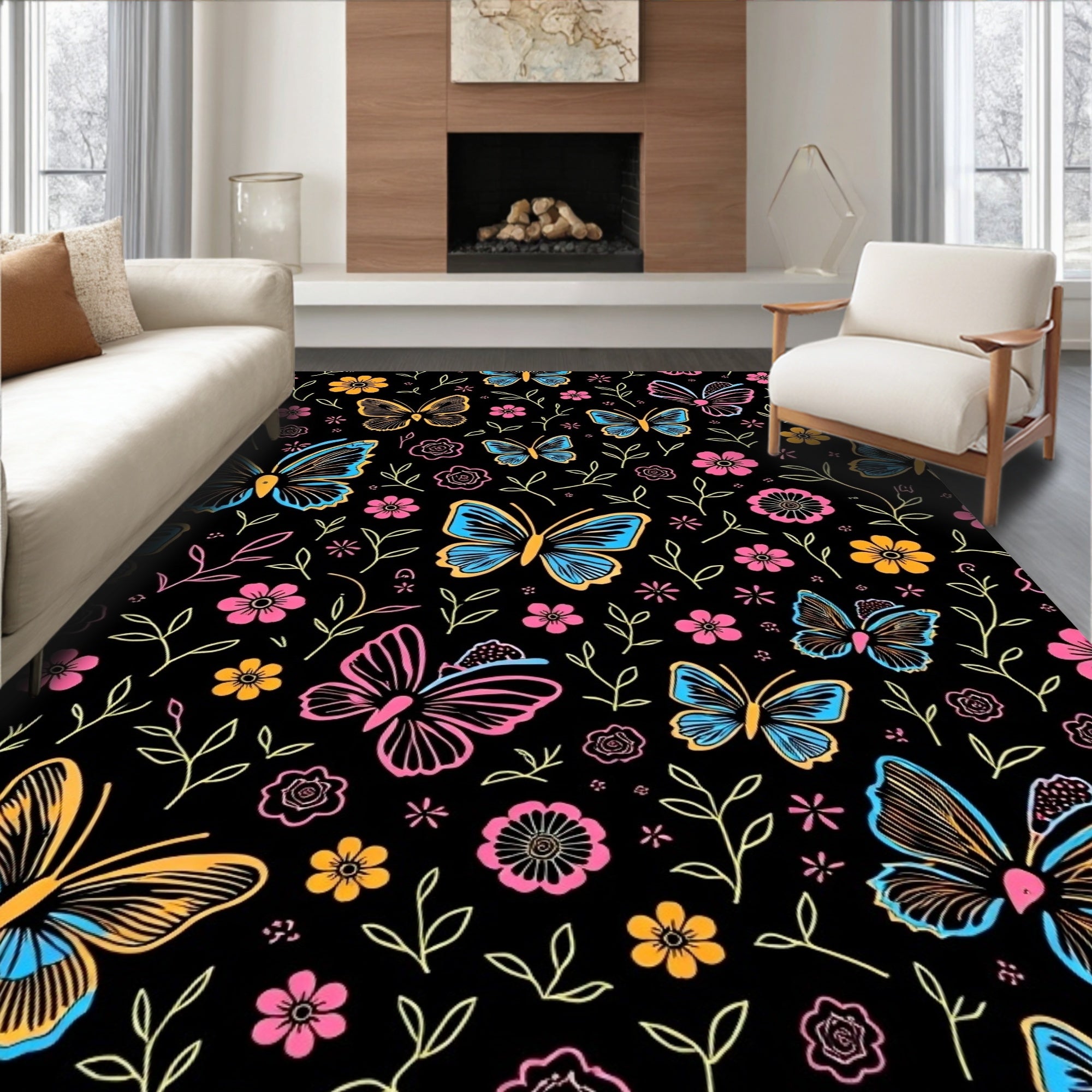 Whimsical Butterflies and Flowers Pattern Rug