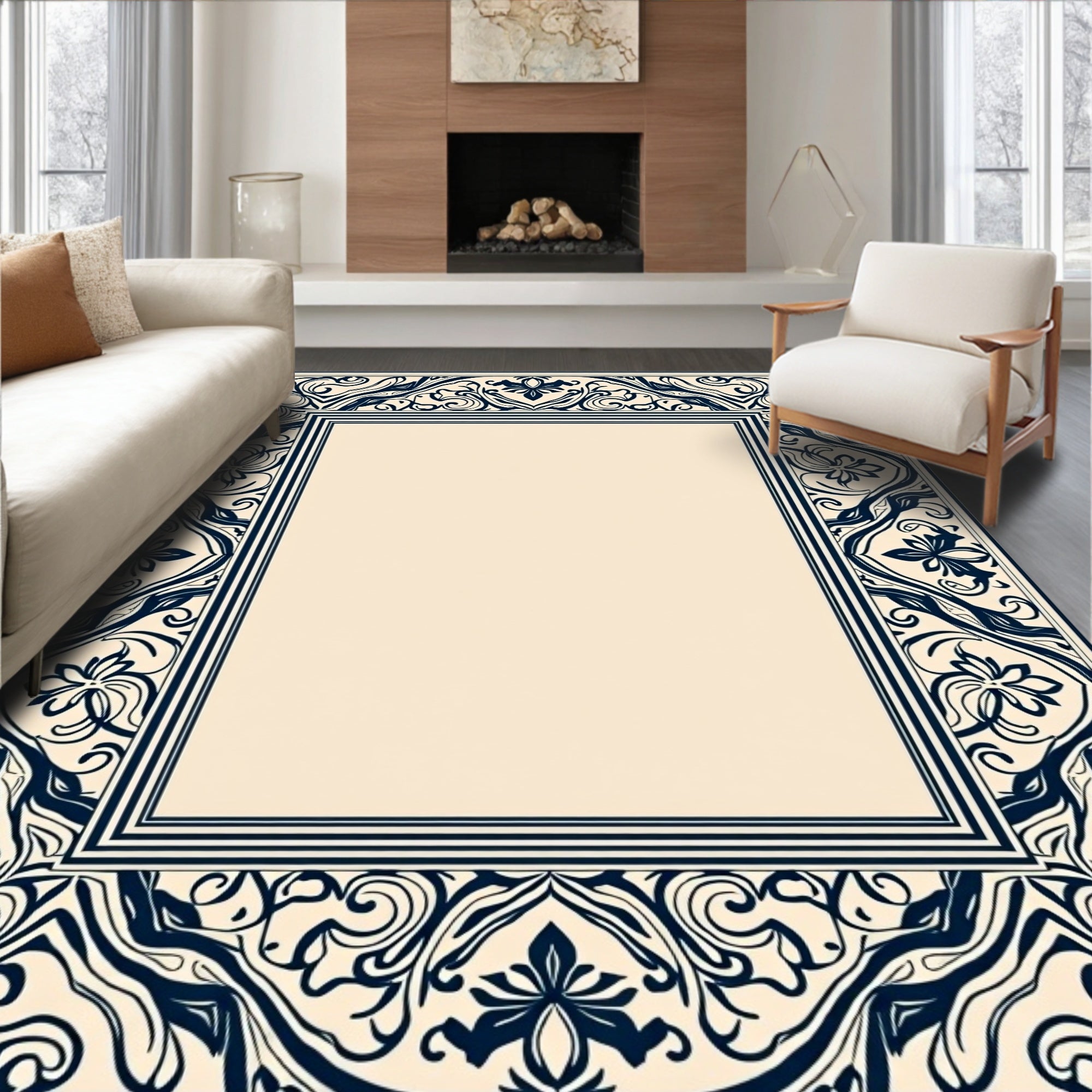 Elegant Floral Scrollwork Border Rug
