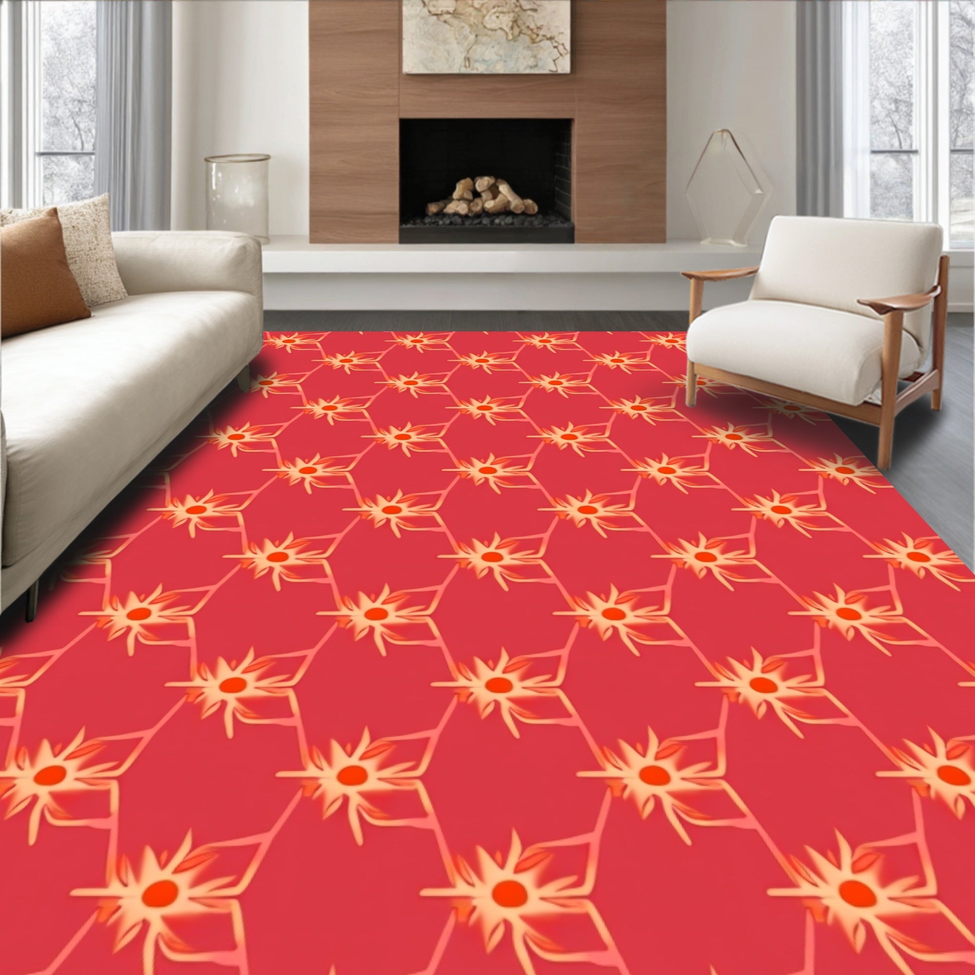Coral Red Starburst Geometric Repeating Rug