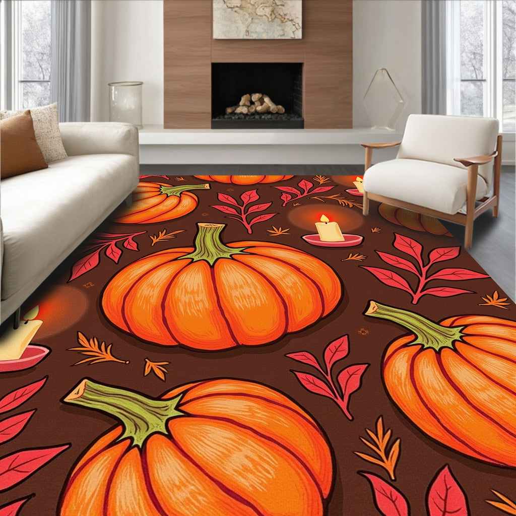 Harvest Pumpkins With Candle Accents Tile Rug