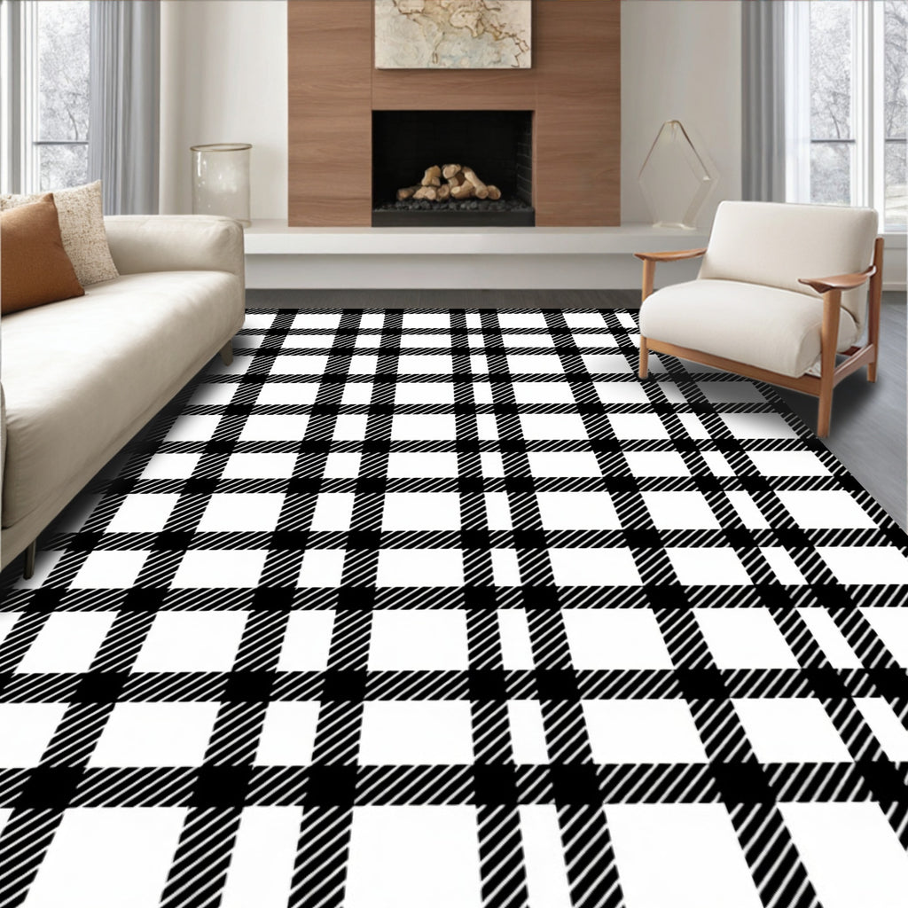 Classic Black White Plaid Design Rug