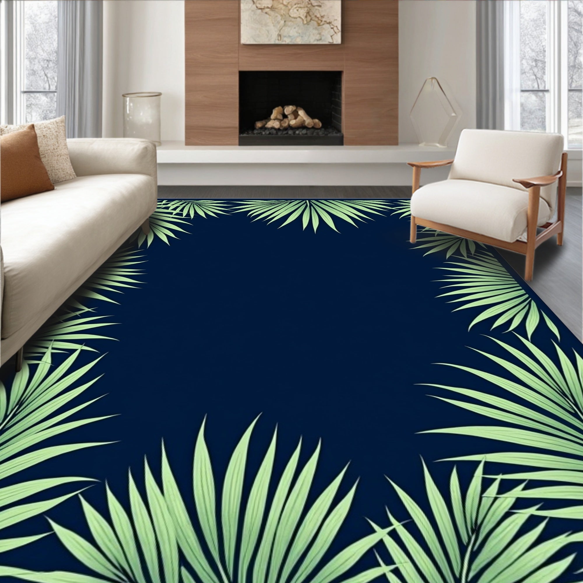 Tropical Palm Leaf Border Design Rug