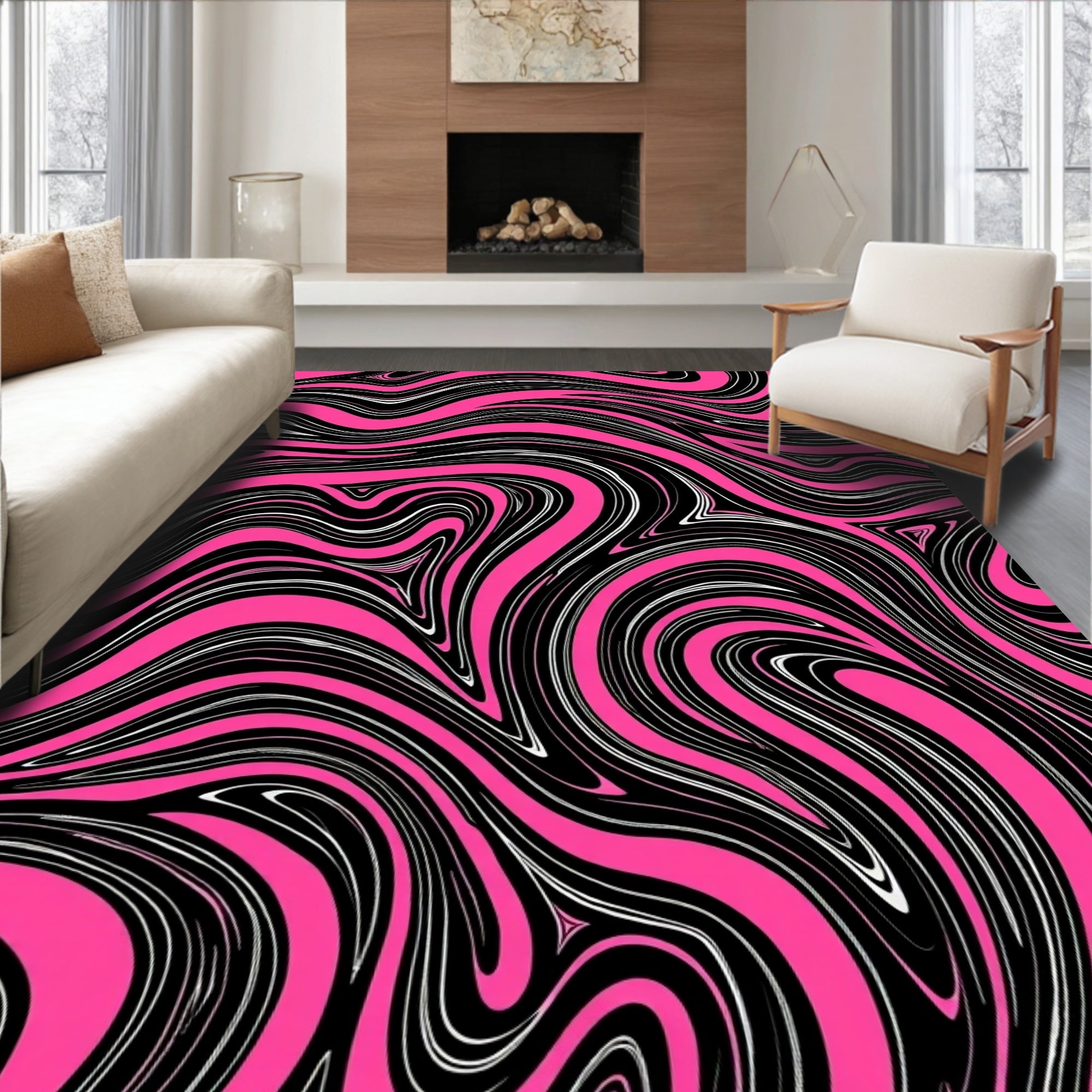 Bold Pink Black Swirl Pattern Rug