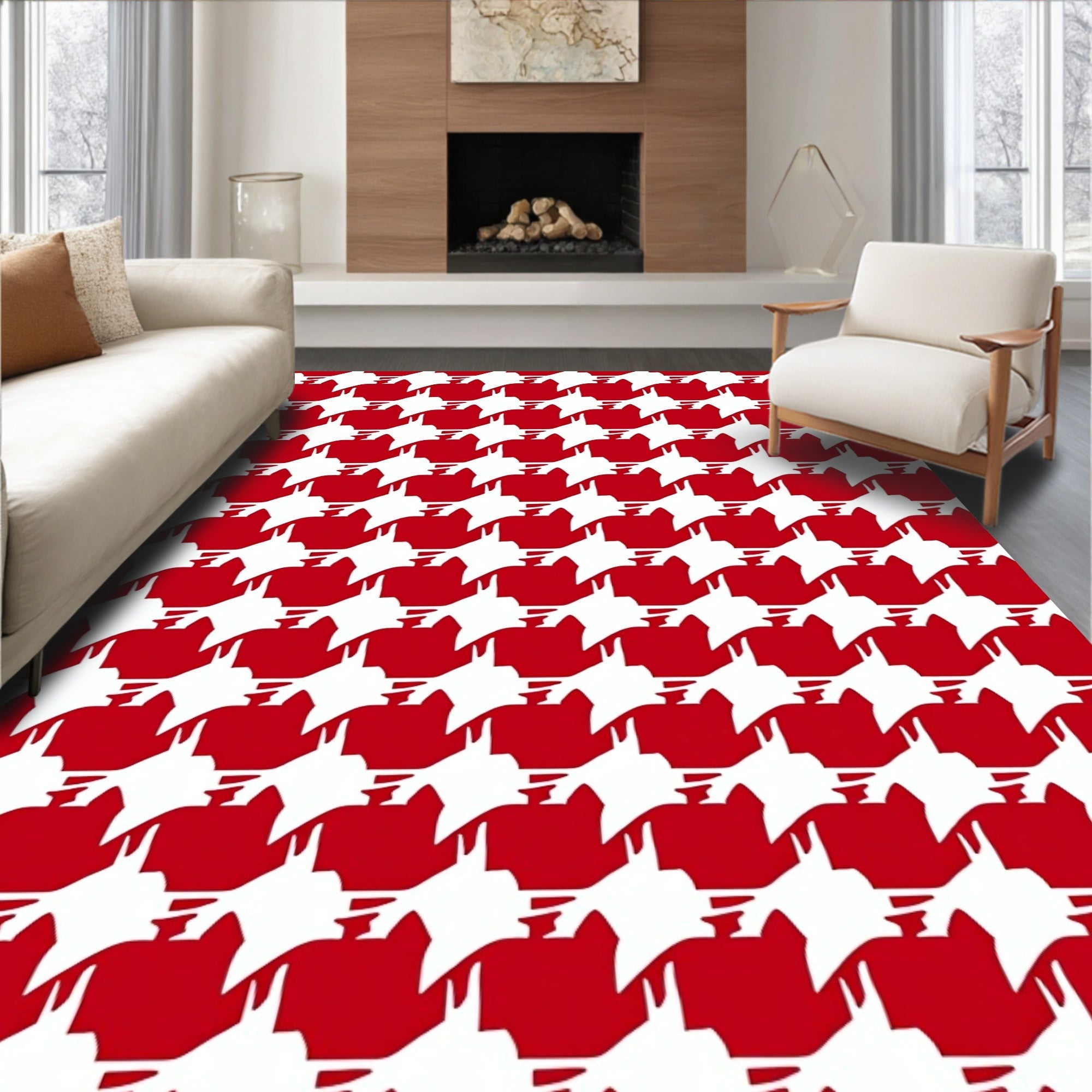 Red White Classic Houndstooth Pattern Rug