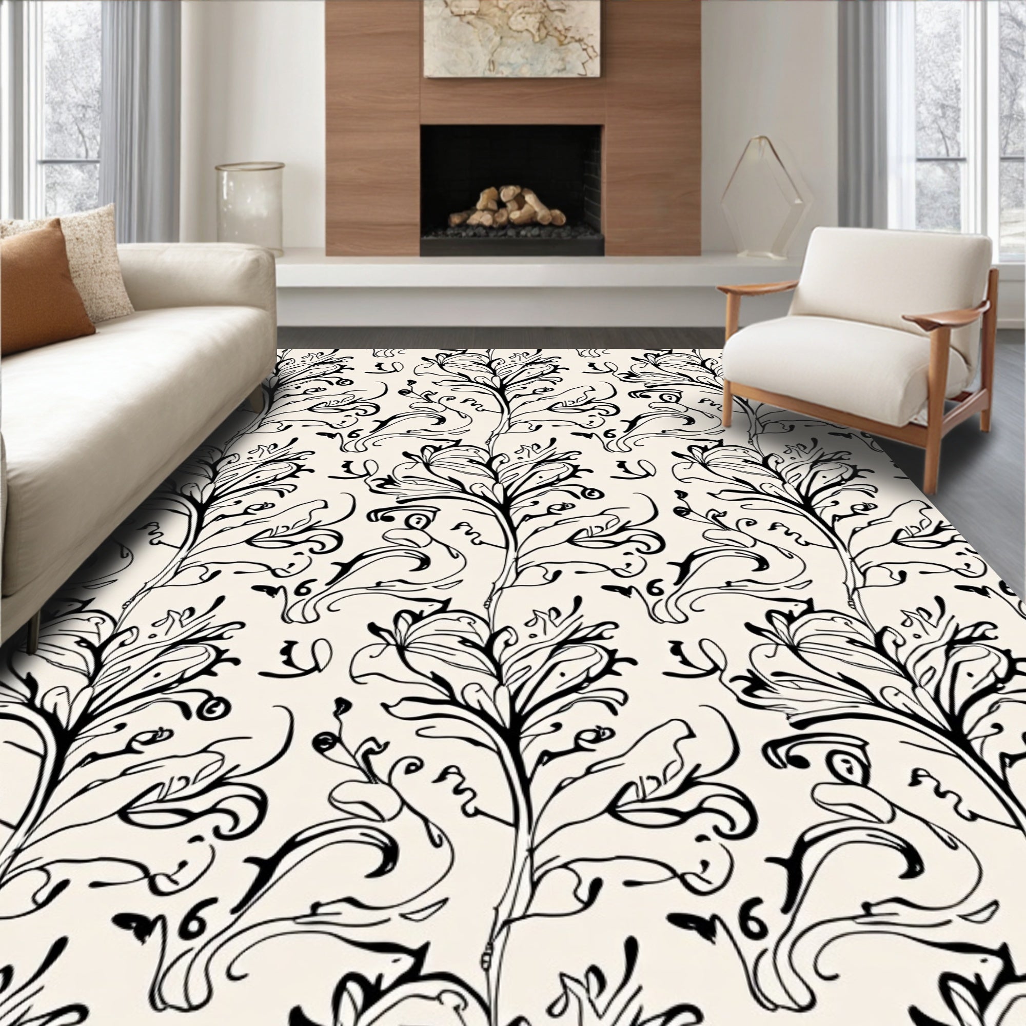 Elegant Black White Floral Swirl Rug