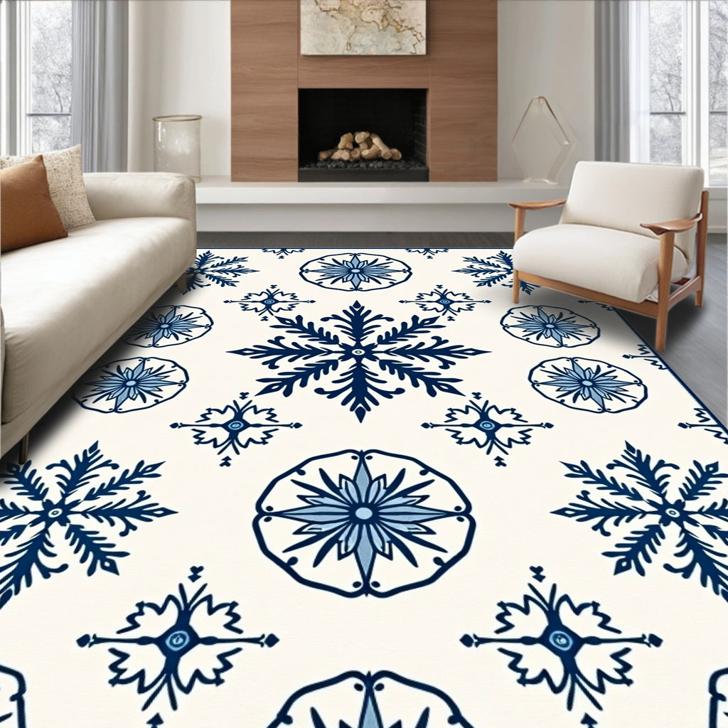 Classic Blue Snowflake Floral Pattern Rug