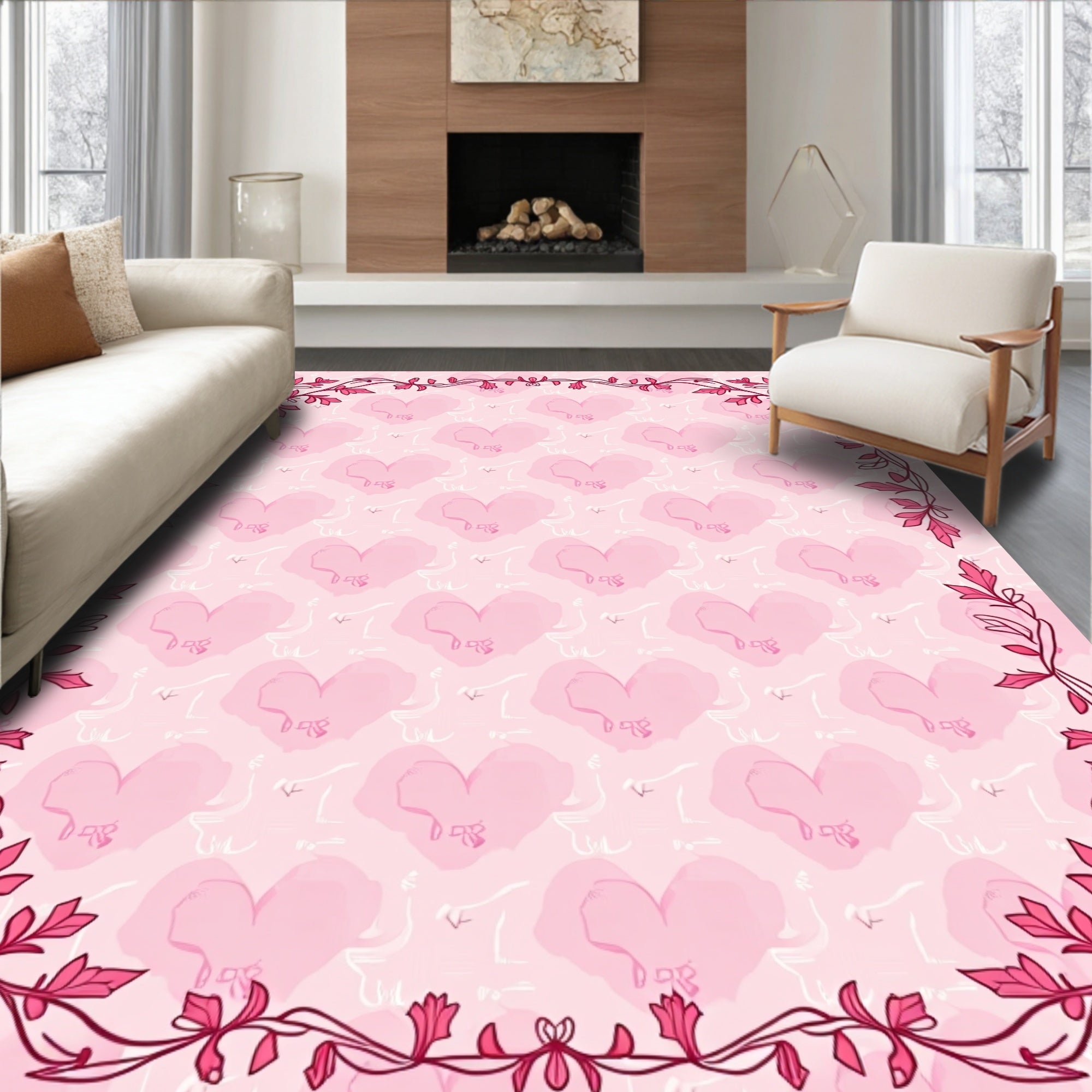 Pink Heart Vine Pattern Rug