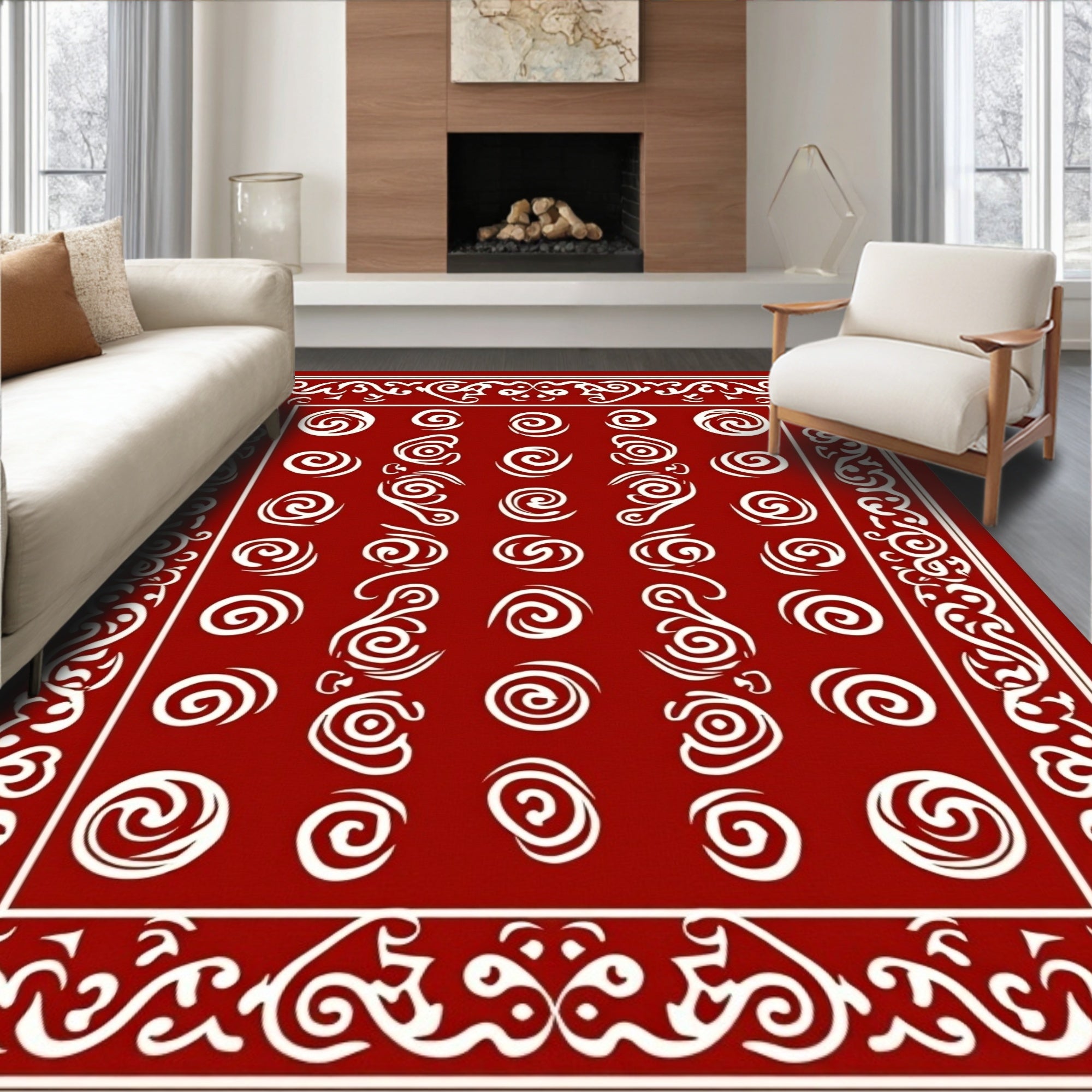 Red Swirl Pattern Accent Border Rug
