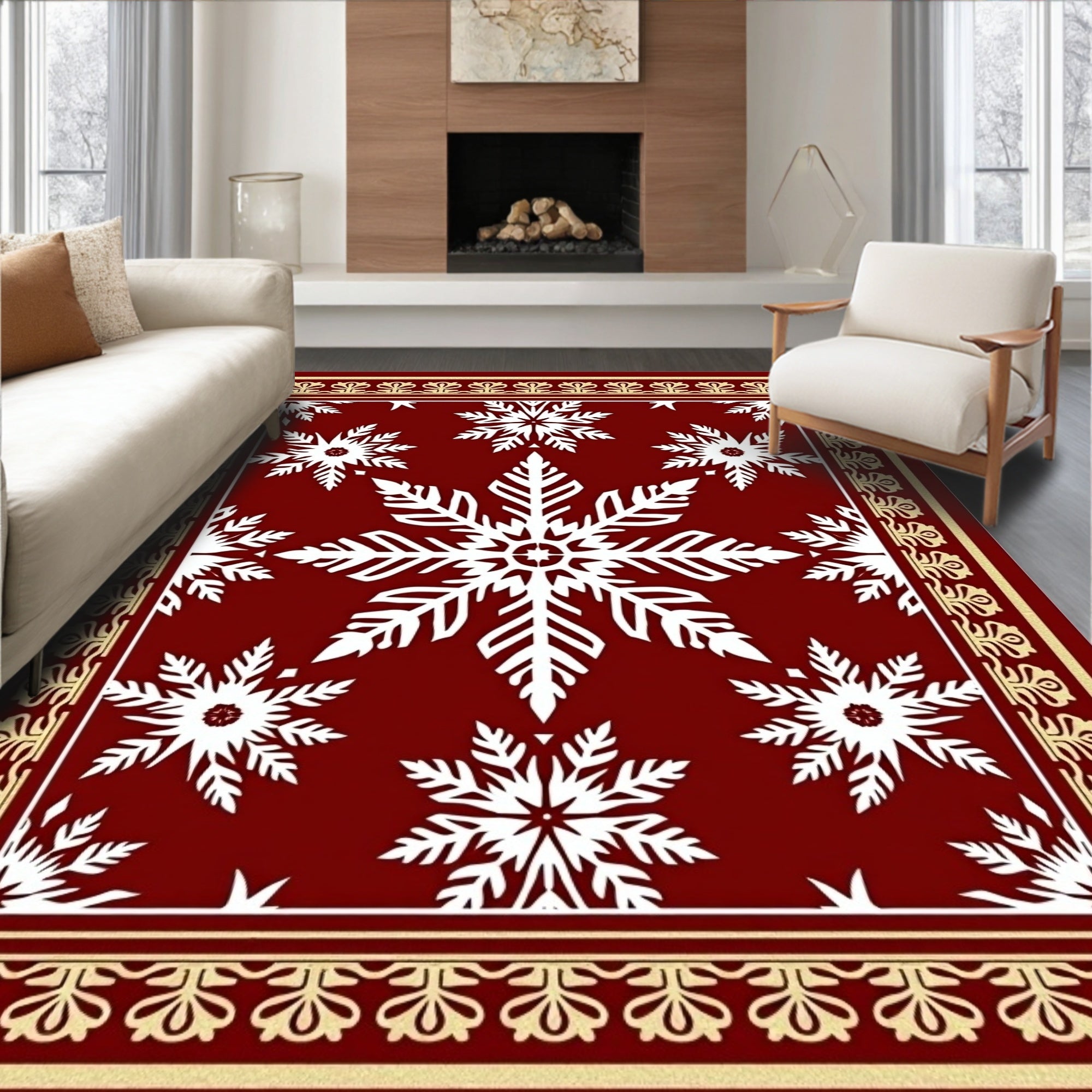 Winter Snowflake Lace Border Design Rug
